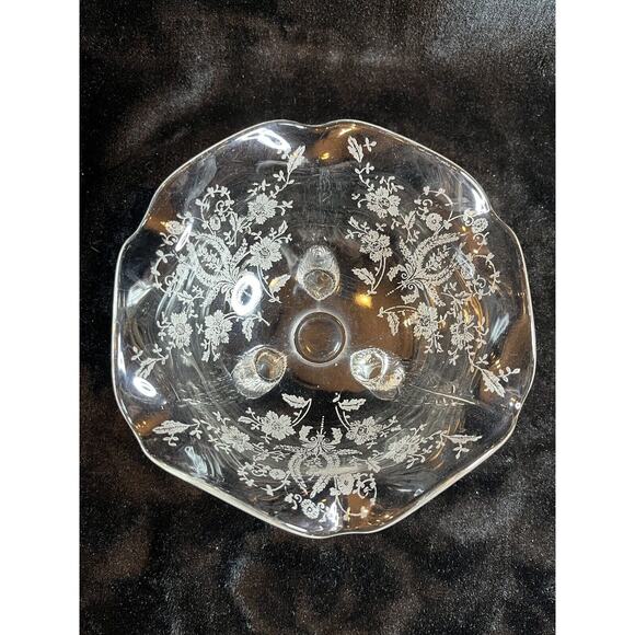 Viking Prelude Floral Etched 3 Toed Bon Bon Candy Bowl Clear Rippled Glass - Picture 1 of 7